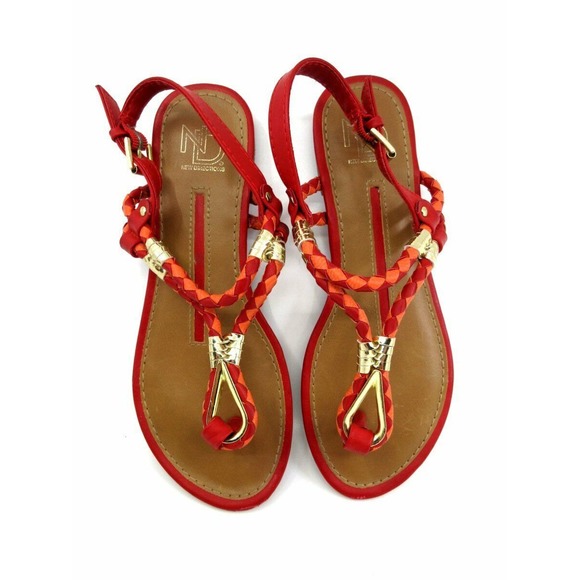 New Directions Tullia 2 Tone Red/Gold Woven Leather Ankle Strap Thong Sandals 7M - Picture 2 of 4